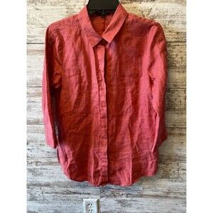 For Cynthia Linen 3/4 Sleeve Button Front Button Sleeve Shirt Red Size Small